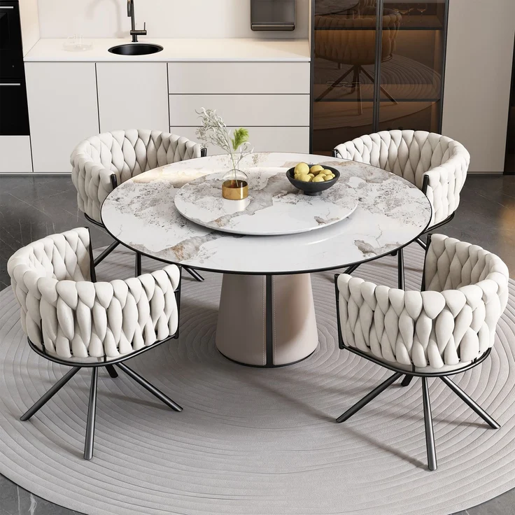 Merax Samt-Esszimmerstuhl, 4er set, Schlafzimmer-Drehstuhl, Freizeit-Drehstuhl mit vier Stützbeinen aus Metall, beige – Bild 3