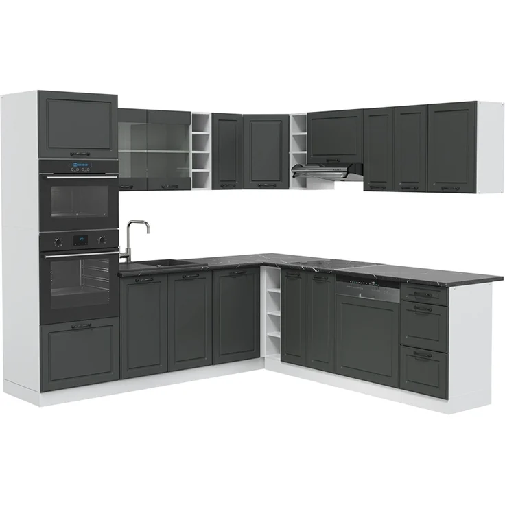 Eckküche R-Line Anthrazit Landhaus/Weiß 247 x 237 cm ohne Arbeitsplatte Vicco – Bild 1