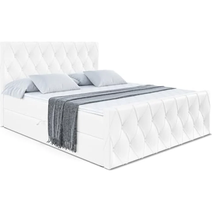ALTDECOR AMAY Boxspringbett 180x200 cm, Polsterbett mit 21 cm hoher Matratze (H4), 4 cm Topper und Bettkasten, Weiß Kunstleder – Bild 3