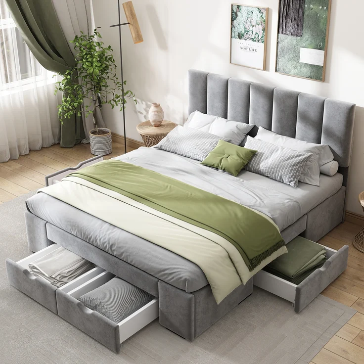 Stauraumbett Samt mit 4 Schubladen und höhenverstellbarem Kopfteil, 140x200 cm, grau, ohne Matratze – Bild 1