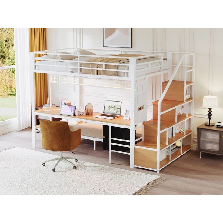 Hochbett Metall/MDF mit Schreibtisch, LED & USB-Anschluss, 247x144,5x170 cm, Weiß, ohne Matratze – Bild 3