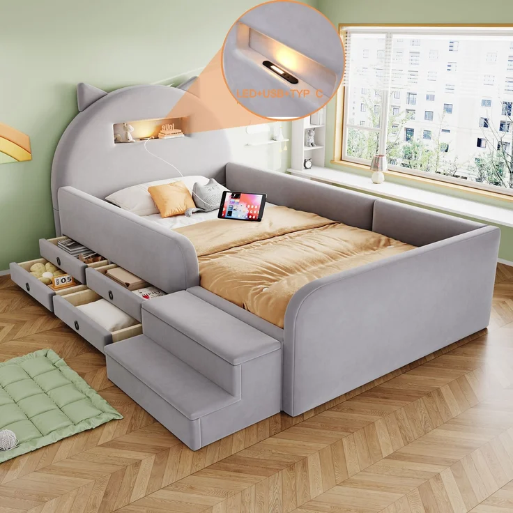 LVHOM Kinderbett 90x200cm mit Rausfallschutz, Polsterbett mit Nachtlicht, USB, Schubladen und Stufenbank, Samt, Hellgrau – Bild 6