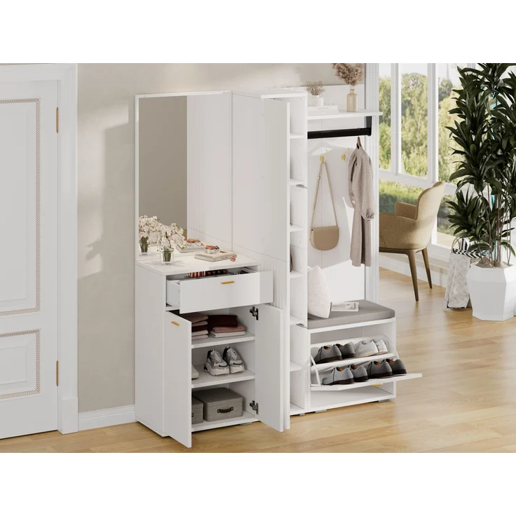 CHICFURN Schrank 150x180x36 cm mit Spiegel, Sitzbank und Schuh-Kippfach – Weiß – Bild 6