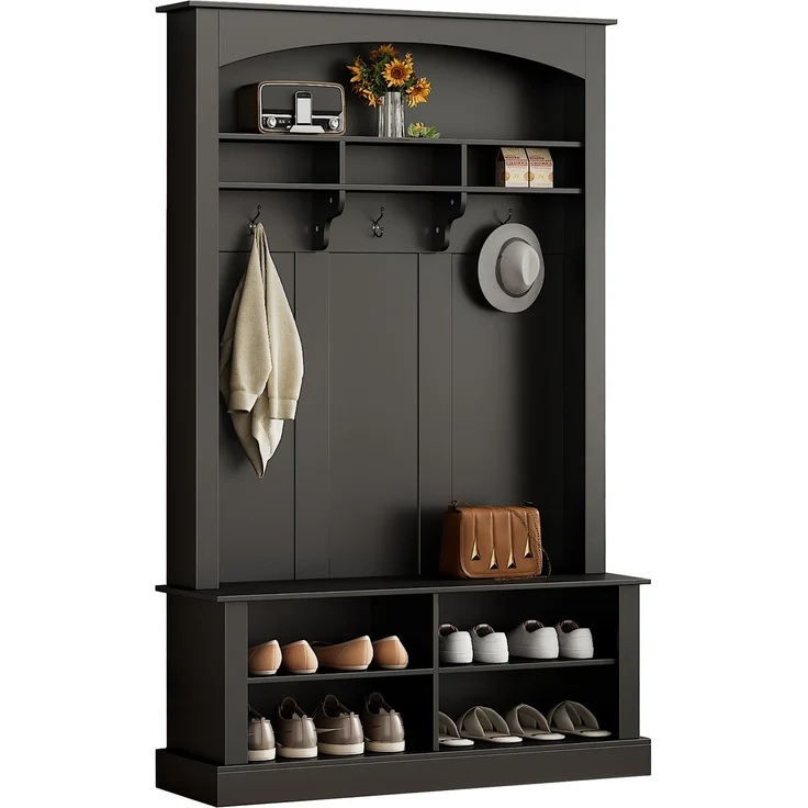 Garderobe mit Sitzbank 120x40x190 cm – Schuhablagen und verstellbare Einlegeböden, Schwarz – Bild 5