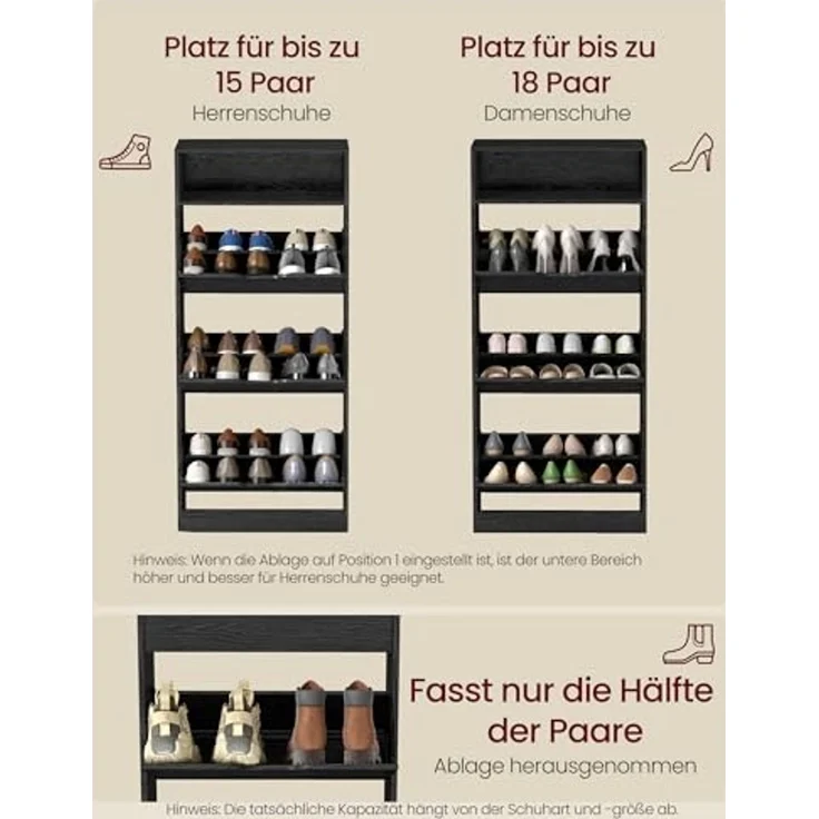 Vasagle Schuhschrank 3 Klappen, Schuhkipper, Schuhregal, Schuhaufbewahrung, offenes Fach, Trennwand verstellbar, für 14-18 Paar Schuhe, Flur, 24 x 60 x 139 cm, ebenholzschwarz LBCDE046B03 – Bild 6