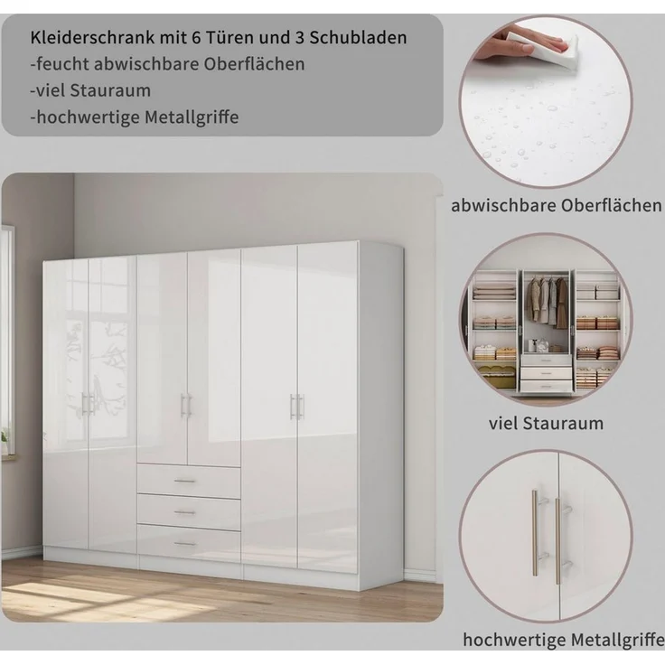 OTTO home Kleiderschrank Trento Schlafzimmerschrank Garderobe hochglanz Bestseller Schrank mit 6 Türen und 3 Schubladen, höchglänzende Fronten – Bild 2