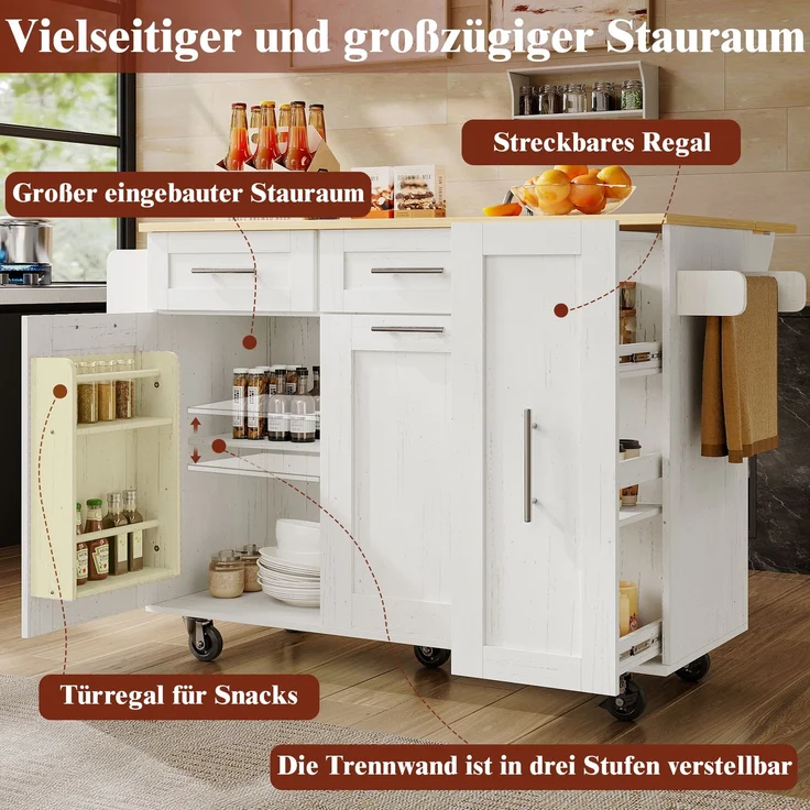Kücheninsel Weiß klappbarer Küchenwagen mit multifunktionalem Stauraum mit Holzmaserung, Zinkgriffe, verstellbare Schränke – Bild 4