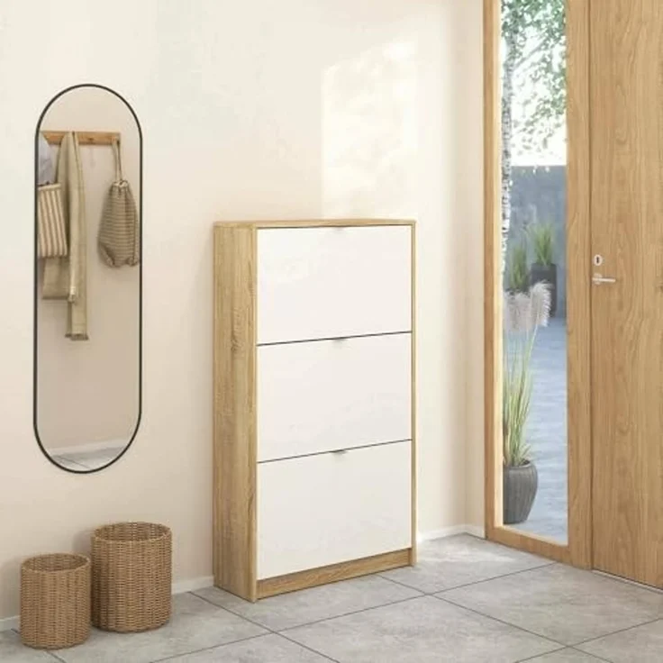 Dmora - Schuhschrank Paris, Schuhregal, Mehrzweck-Eingangsgarderobe, Möbel für Schuhe, 70x24 h124 cm, Eiche und Weiß – Bild 1