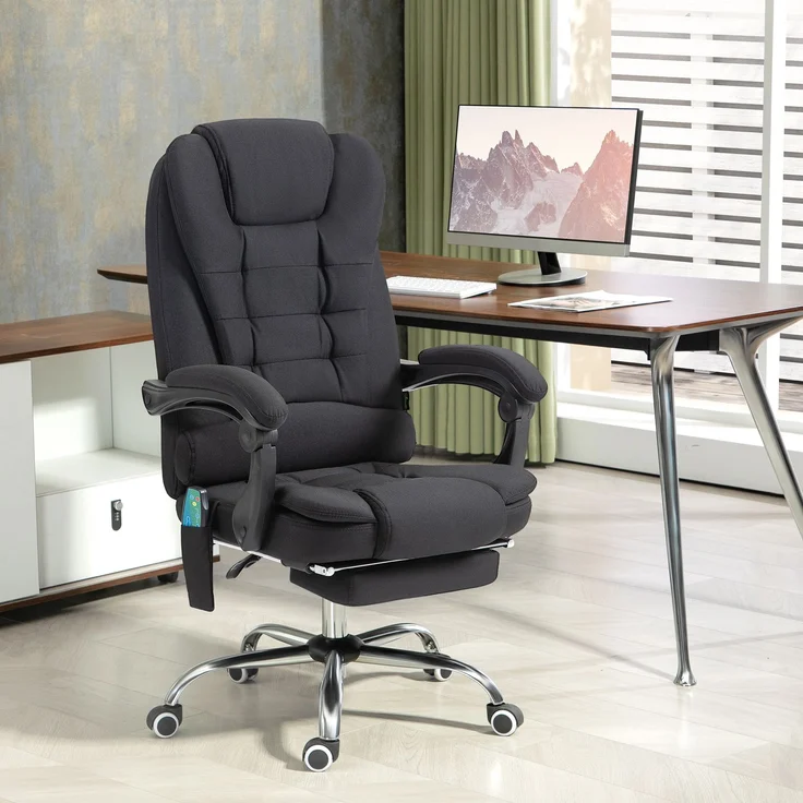 Bürostuhl mit Massagefunktion, Ergonomisch Schreibtischstuhl mit Liege- & Wärmefunktion, Höhenverstellbar Computerstuhl mit Fußstütze, Seitentasche und Fernbedienung, Schwarz--Schwarz--65x70x119cm--YOUDENOVA – Bild 2
