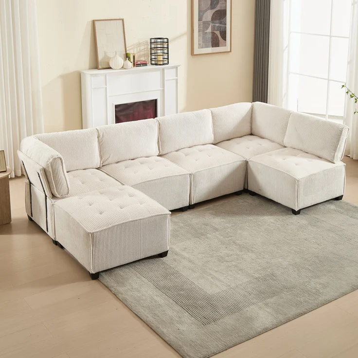 Modulares 6-Sitzer Sofa, ca. 308x154x82 cm, Beige Cord, mit Seitentaschen – Bild 2