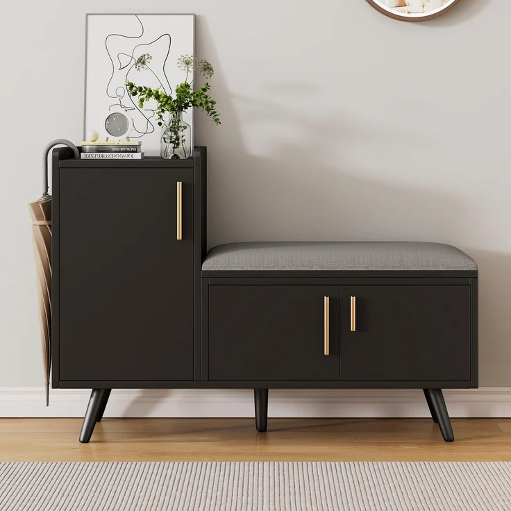 FAVSH Schuhschrank mit Sitzbank, Schuhbank mit Stauraum, Mit Asymmetrischen Metallgriffen Und Mehreren Ebenen Zur Aufbewahrung für den Innenbereich, Wohnzimmer, Schlafzimmer (Schwarz)