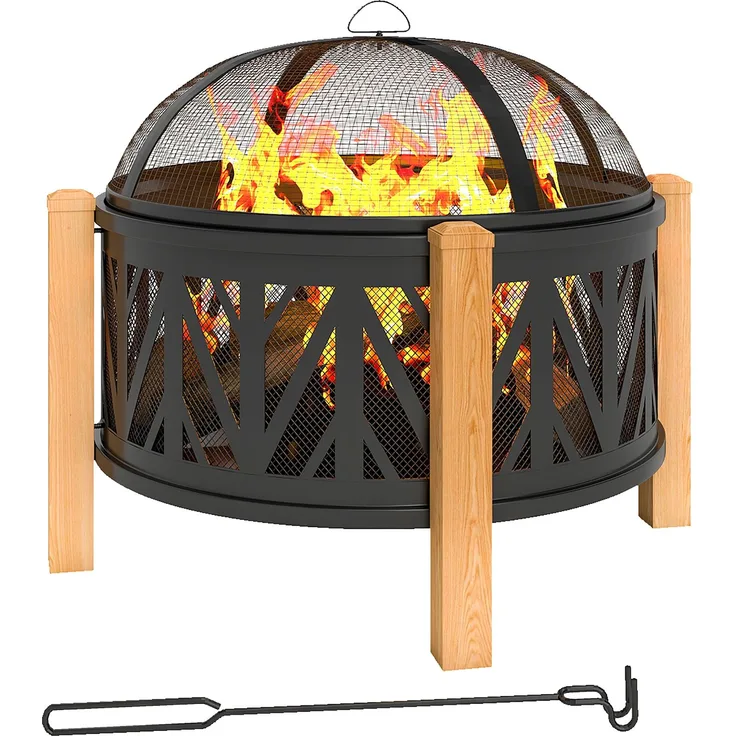 2-in-1 Feuerschale Ø75 x 58 cm Feuerstelle mit Funkenschutz Schürhaken Grillrost Schwarz--Schwarz+Braun--58x75x75cm--YOUDENOVA