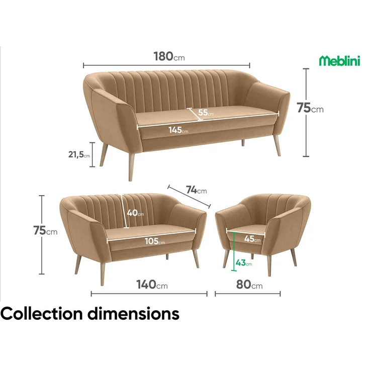 MEBLINI Mini Sofa Set 2-1-1 für Wohnzimmer - Mini Lounge für vier Personen - Küchensofa - Sofa Klein - Sitzgarnitur - Polstergarnitur - Sofagarnituren - KAIA - 2+1+1 - Beige Samt – Bild 7