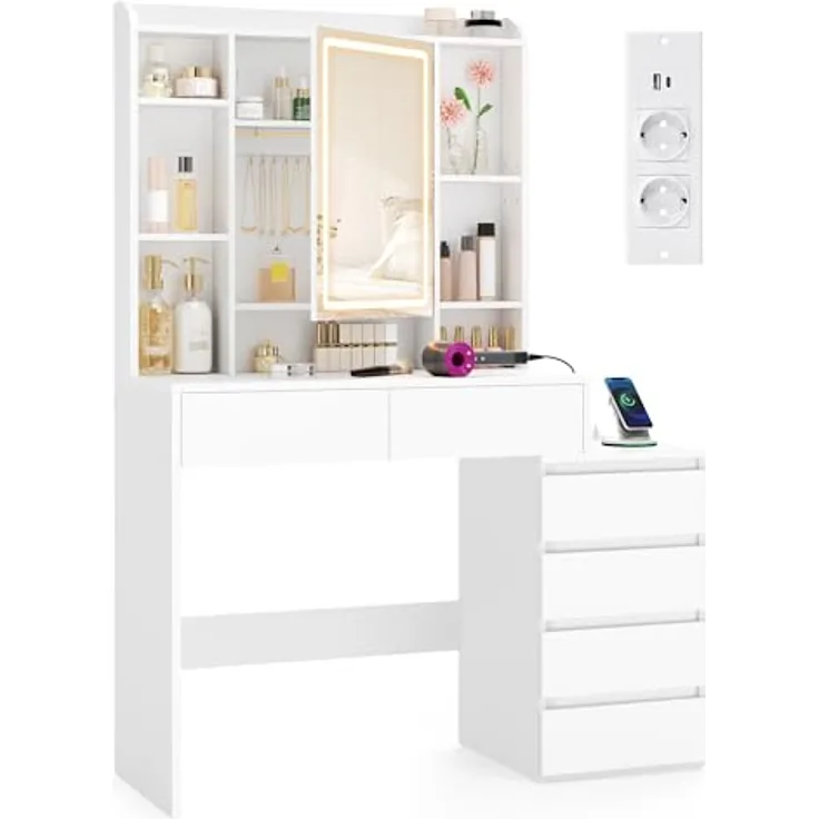 VASAGLE Kailyn Kollektion - Schminktisch mit LED-Beleuchtung, Frisiertisch mit Steckdosenleiste, Spiegel, Kosmetiktisch mit verstellbaren Ablagen, modern, 40 x 105 x 145 cm, wolkenweiß RDT144WB01