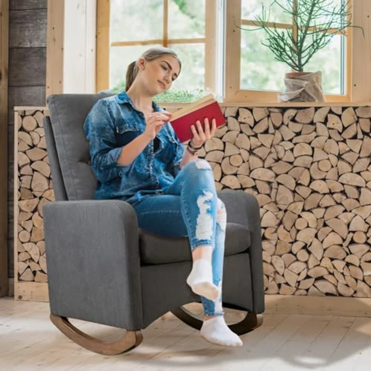 GarveeHome Gepolsterter Schaukelstuhl Mit Stoffbezug, Lesesessel Mit Seitentasche, Loungesessel Mit Hoher Rückenlehne Und Holzbeinen, Für Wohnzimmer Und Schlafzimmer, 66 x 65 x 86 cm – Bild 9