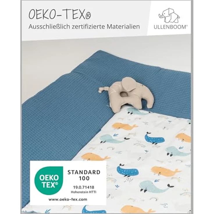 ULLENBOOM ® Wickelauflage 85x75 cm Waffelpiqué Blau Wale (Made in EU) - Wickelunterlage Waschbar und für Unterwegs geeignet, Bezug: 100% OEKO TEX Baumwolle, Wickeltischauflage 75x85 – Bild 3