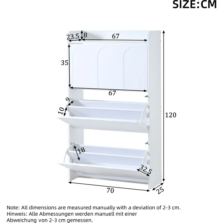 Schuhschrank 70 x 25 x 120 cm aus MDF, weiß, mit Klapptüren und Schublade – Bild 4