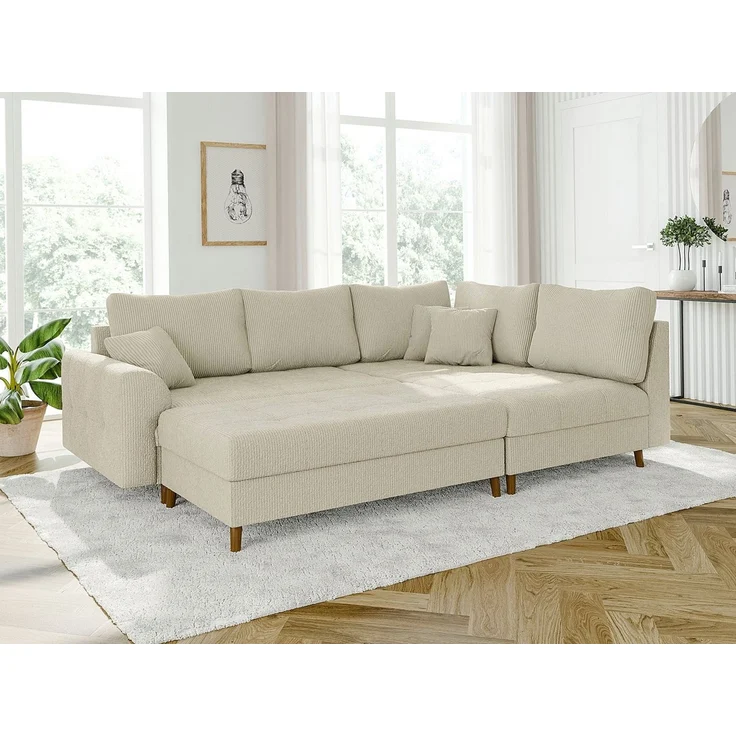 S-Style Möbel Ecksofa und Hocker Zara mit Schlaffunktion und Braun Holzfüßen aus Cord-Stoff, Ottomane links oder rechts bestellbar. Schlaffunktion in Kombination mit Hocker möglich, mit Wellenfederung – Bild 2