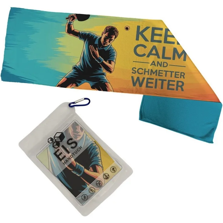speecheese Sporthandtuch Tischtennis Silhouette Eishandtuch - Keep Calm and schmetter weiter