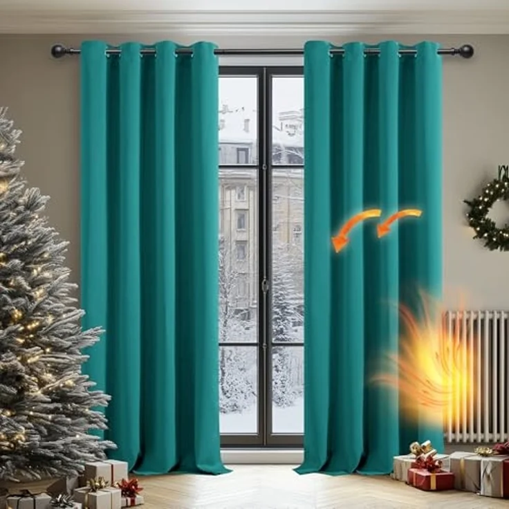 Deconovo Verdunkelungsvorhang Kälteschutz Gardinen Wohnzimmer Vorhang Blickdicht, 180x140cm(HöhexBreite), Türkis, 2er Set – Bild 2