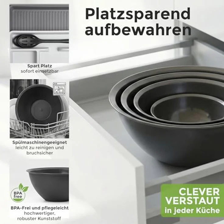 Hausfelder Salatschüssel Set groß, Schüsselset mit Deckel aus Kunststoff BPA-frei, Kunststoff, (Set, 21-tlg), Schüsseln 2x6 L, 2x3,6 L, 2x1,9 L, 2x0,7 L + 2 x Salatbesteck – Bild 6