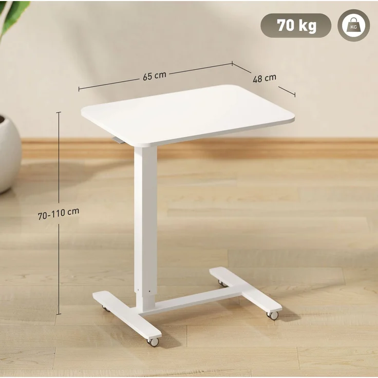 Höhenverstellbarer Schreibtisch mit Rollen, 65x48x70-110 cm, Weiß – Bild 3