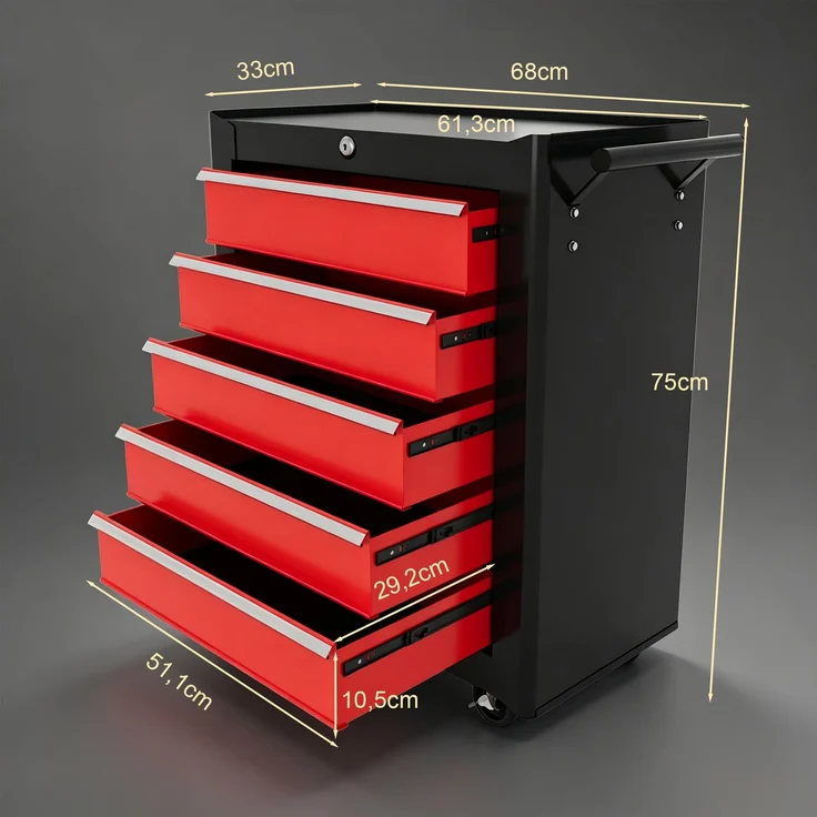 MELAYR, Werkzeugkiste, Werkzeugschrank, rollbar, 5 Schubladen, Stahlblech, Schwarz+Rot, 68 x 33 x 75 cm – Bild 5