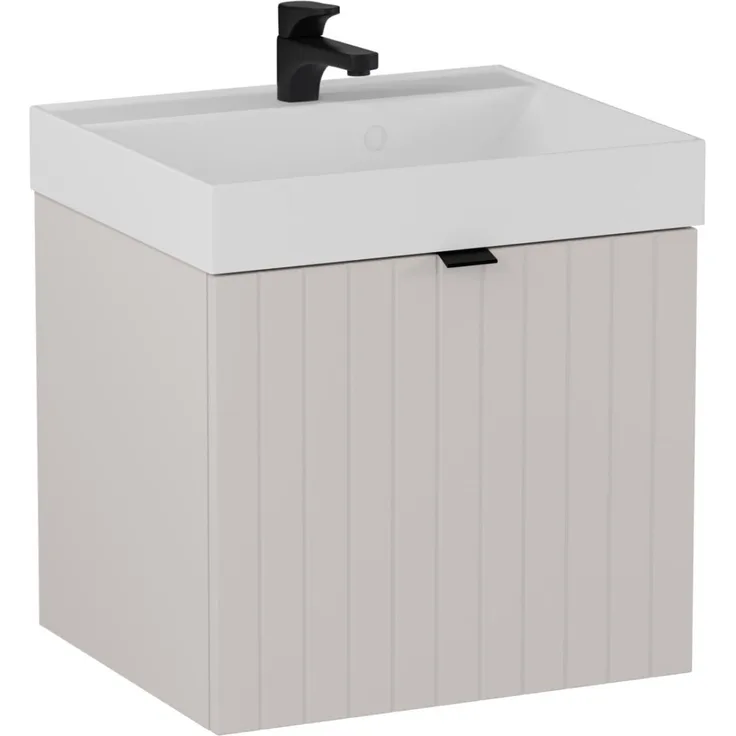 BADEDU ESLA Waschbecken mit Unterschrank 50 cm breit, Grau, Waschbecken Gussmarmor Weiß
