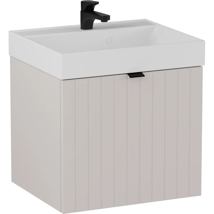 BADEDU ESLA Waschbecken mit Unterschrank 50 cm breit, Grau, Waschbecken Gussmarmor Weiß – Bild 1