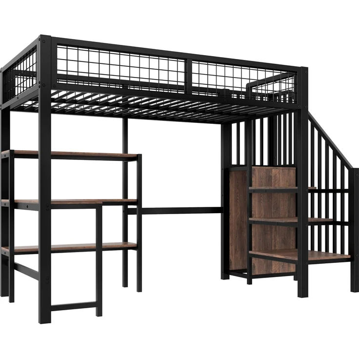 Hochbett Liegefläche 90x200 cm aus Metall und MDF mit Schreibtisch, Regalen und Kleiderschrank in Schwarz-Braun, ohne Matratze – Bild 8