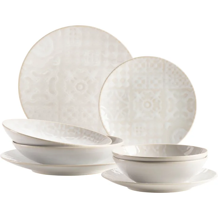 Modernes Vintage Geschirr Set für 2 Personen in maurischem Design, 8-teiliges Tafelservice mit Tellern und Schalen aus hochwertiger Keramik; Weiß