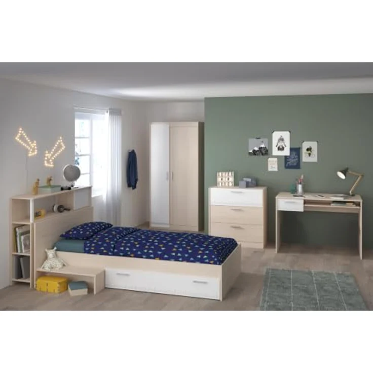 Jugendzimmer Charly von Parisot Kinderzimmer Komplett Set in Akazie und Weiß mit Hochbett oder Jugendbett – Verschiedene Set Varianten - 5 teilig , Kleiderschrank 2trg + Jugendbett + Anstellregal + Schreibtisch + Schubkastenkommde , 90 x 200 cm – Bild 2