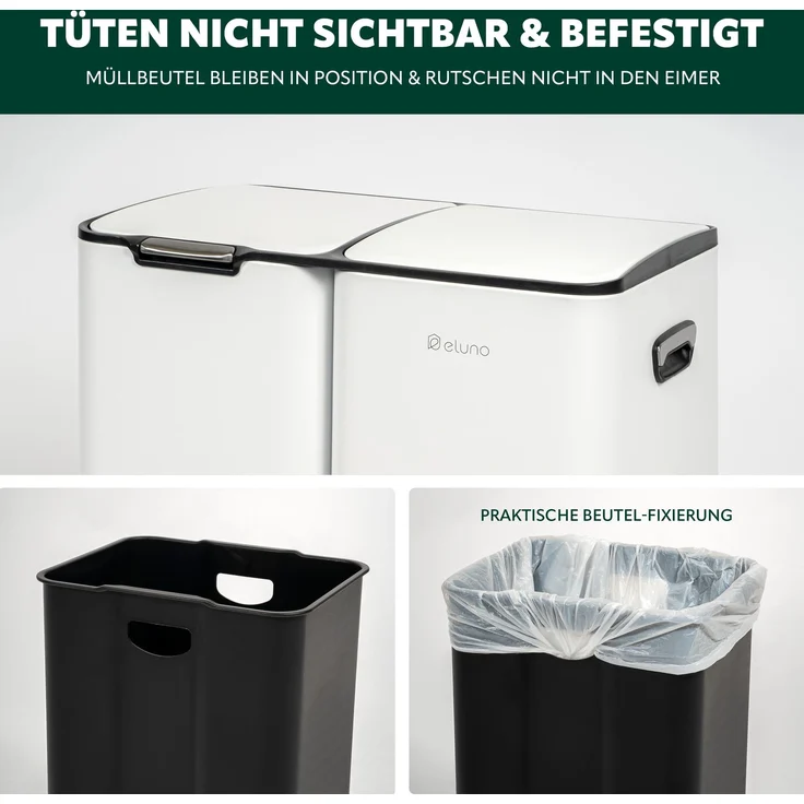 eluno Abfalleimer, 54 Liter Fassungsvermögen aus weißem Metall, ca. 46 x 70,5 x 38,5 cm (B/H/T) – Bild 6