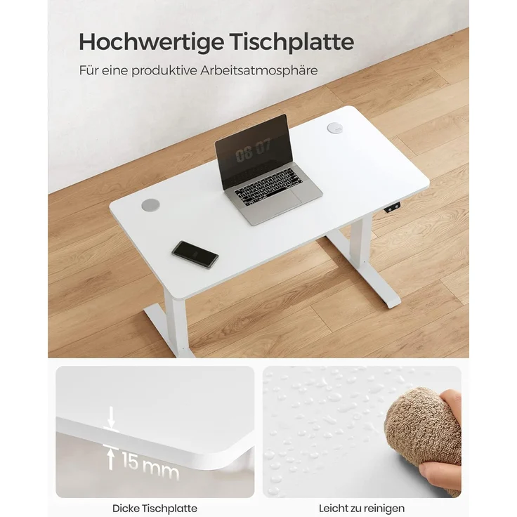 SONGMICS Höhenverstellbarer Schreibtisch elektrisch, Tischgestell, Schreibtischständer mit Motor, stufenlos verstellbar, 120 x 60 x (73-114) cm, Stahl, weiß LSD011W01 – Bild 5