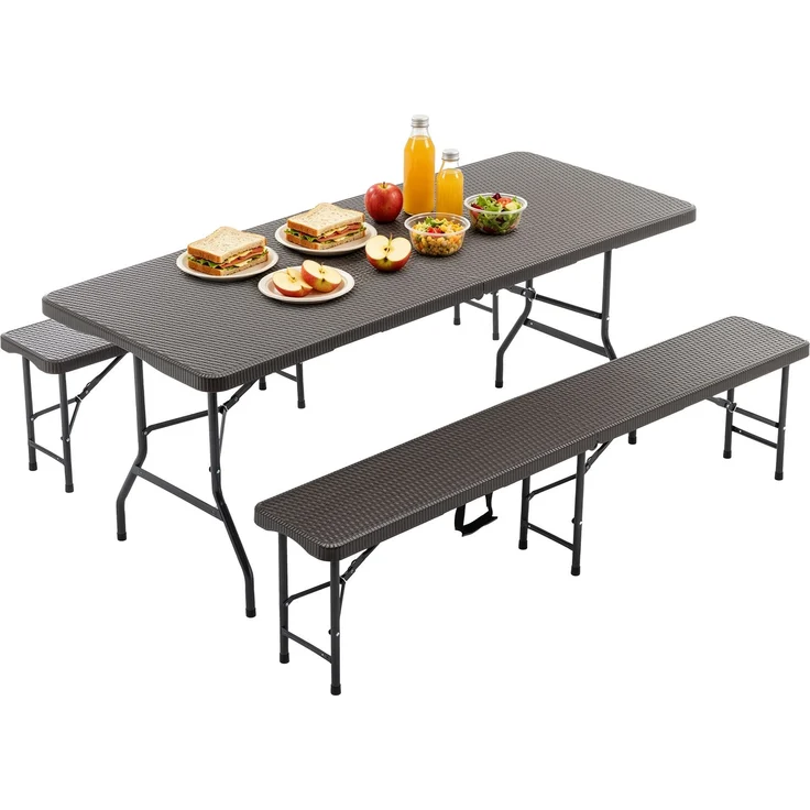 6ft Klappbarer Picknicktisch mit 2 Bänken, 3-teiliges Camping Set, HDPE Tischplatte mit Baummuster, Sicherheitsverriegelung, UV- & wasserbeständig, Braun – Bild 1