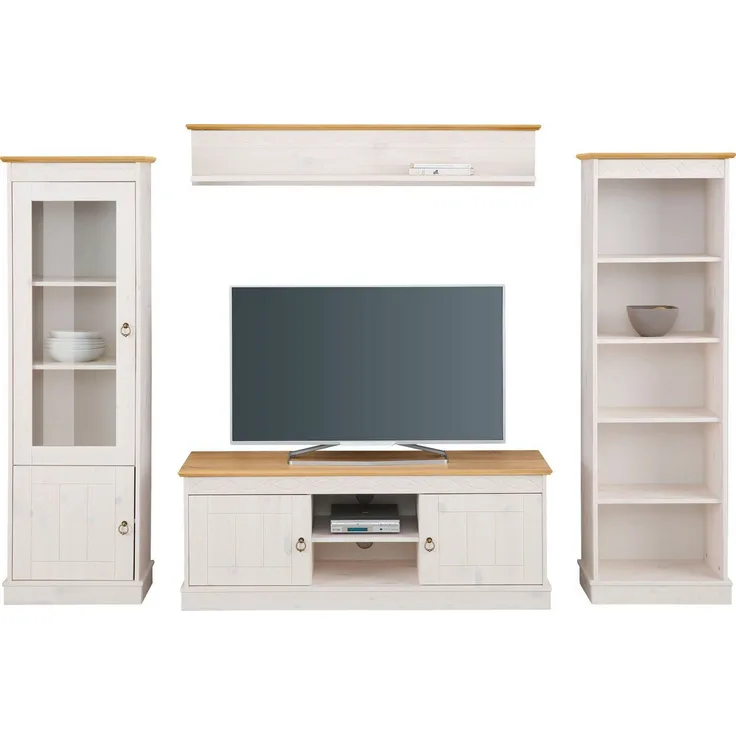 Home affaire Wohnwand Indra, (Set, 4-St), 4-teiliges Set: Vitrine, Lowboard, Wand- & Standregal, Kiefer massiv