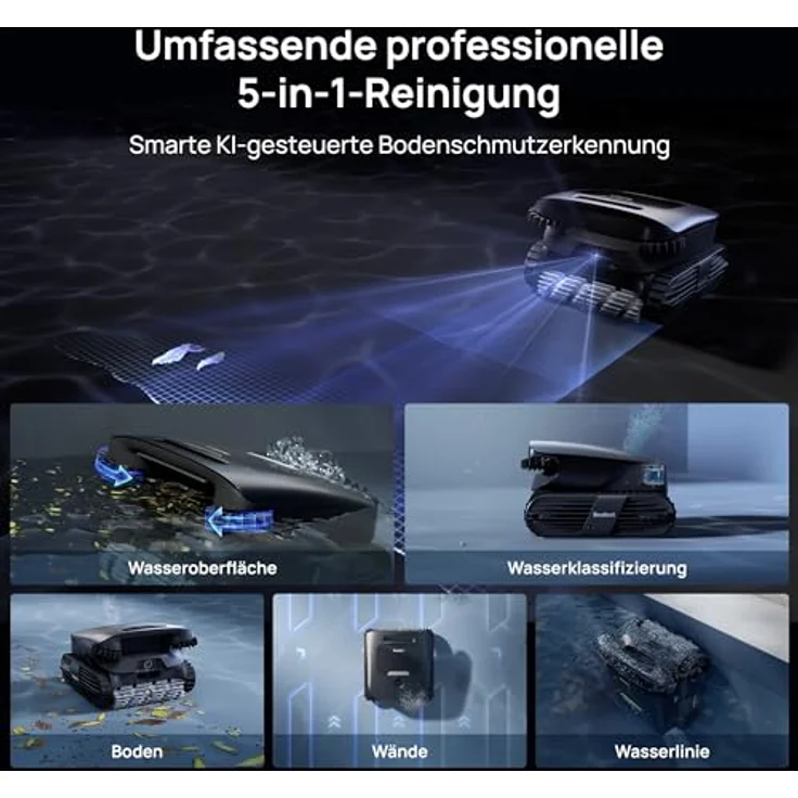Beatbot Aquasense 2 Ultra Poolroboter, Hybridsense KI Mapping, 5in1 Komplettreinigung, KI-Schmutzerkennung, Poolsauger Akku für Oberfläche Boden und Wand, Poolreinigung bis zu 300m² – Mitternachtblau – Bild 3