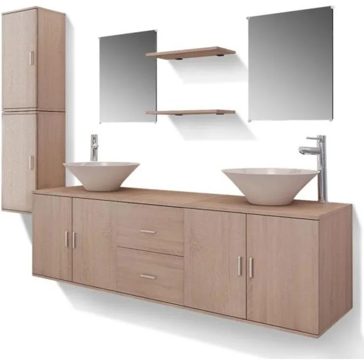 vidaXL 11-tlg. Badmöbel-Set mit Waschbecken und Wasserhahn Beige 273688