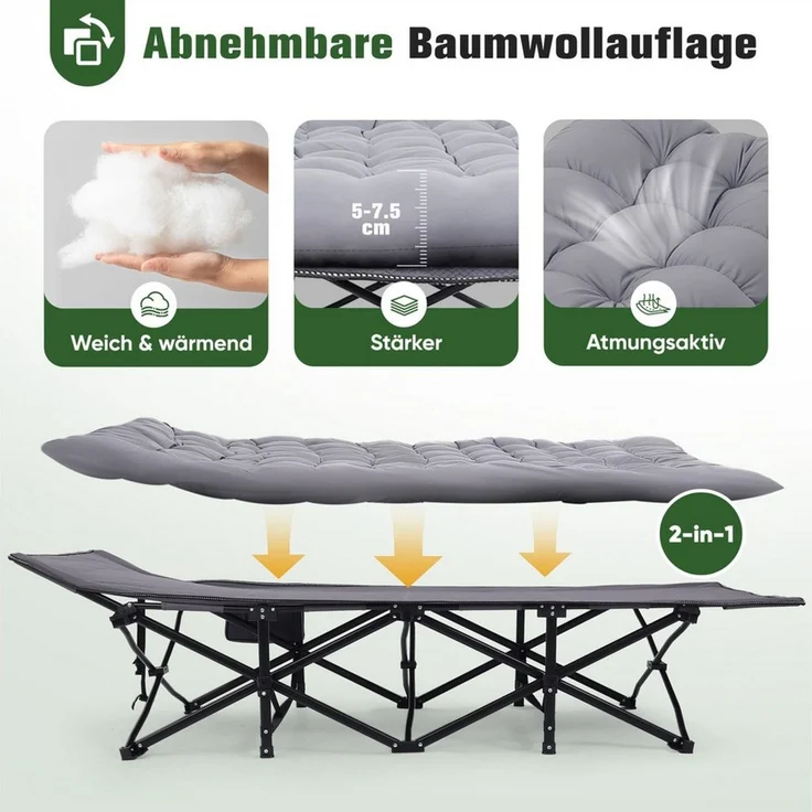 Sekey Klappbett 202 x 80 cm Extra Breit Feldbett XXL Campingbett Klappbar mit Matratze Faltbares Klappbett mit Seitentasche, 600D Oxford-Gewebe, bis 200 kg – Bild 3