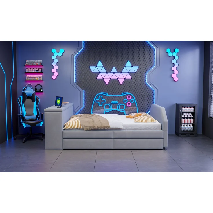 Merax Einzelbett, Kinderbett, Polsterbett 90 x 200cm mit integriertem Schreibtisch, USB-Ladeanschluss und ausziehbarem Gästebett; Samt-Bettgestell, Grau – Bild 6