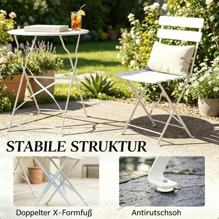 Esstisch 58 x 58 x 70 cm mit 2 Klappstühlen, Metall, Creme, für Balkon und Garten – Bild 7