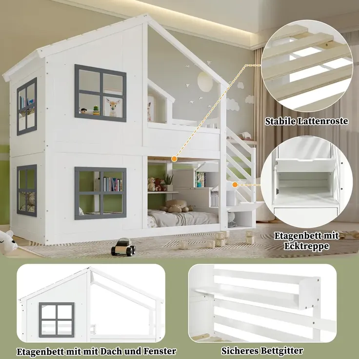Etagenbett mit 2 Liegeflächen, Lattenrost, Regal, Treppe, Stauraum und Rausfallschutz, 90x200cm, Kinderbett, Jugendbett – Bild 4