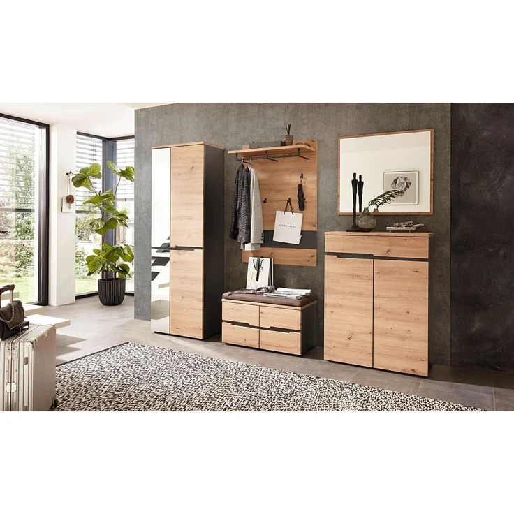moebel-dich-auf Garderoben-Set MELBOURNE, (Komplettgarderobe, Garderobenschrank + Paneel + Bank + Spiegel + Schuhkommode), in Artisan Eiche MDF, Absetzung graphit – Bild 1