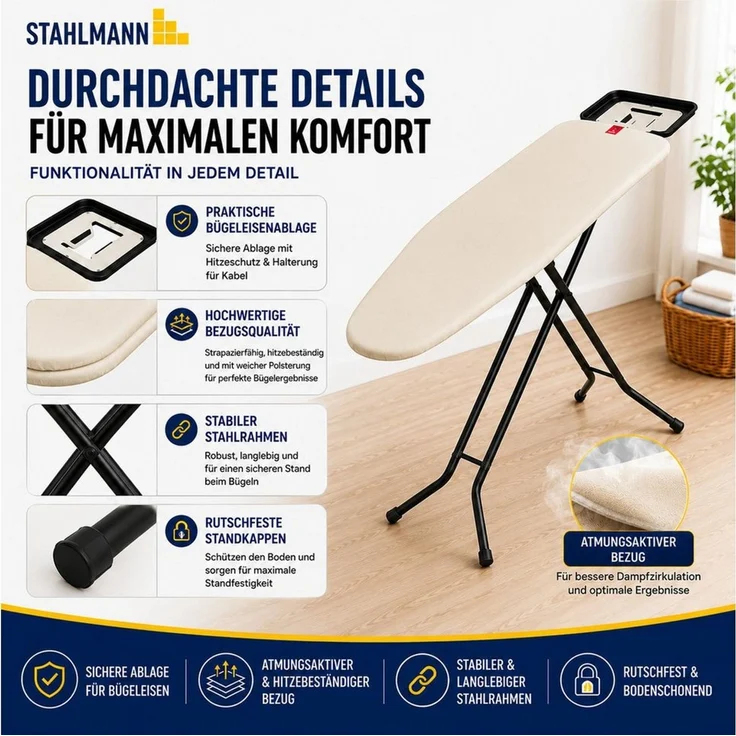 STAHLMANN Bügelbrett Granada [120 × 38 cm], TestCheck 1,1 SEHR GUT, Turbobezug, Bügelfläche 120x38 cm – Bild 3