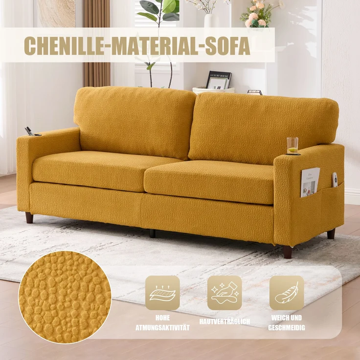 Zweisitzer Chenille-Sofa 203x77,5x86 cm – USB-C, LED-Ambiente und Getränkehalter in Senfgelb – Bild 6