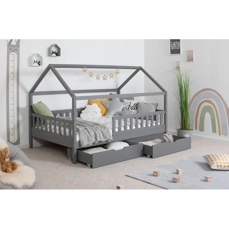 Ticaa Hausbett Kay mit Rausfallschutz und Schubkasten aus Kiefer, Kinderbett 120x200, inkl. Dach, mit Rollrost, mit Matratze