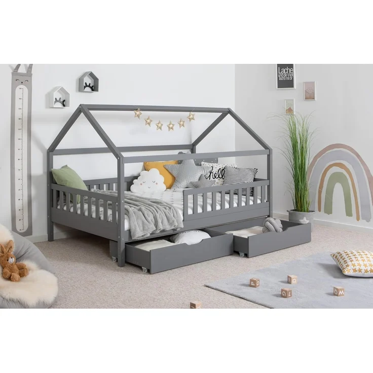 Ticaa Hausbett Kay mit Rausfallschutz und Schubkasten aus Kiefer, Kinderbett 120x200, inkl. Dach, mit Rollrost, mit Matratze