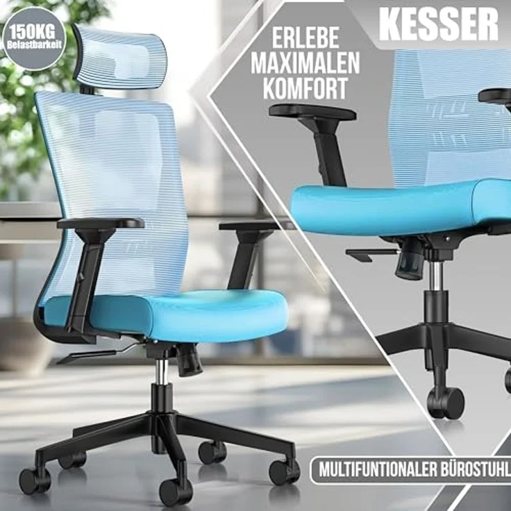KESSER® Bürostuhl mit verstellbaren Armlehnen | Drehstuhl mit Lendenwirbelstütze Rückenschonend | Schreibtischstuhl ergonomisch mit Kopfstütze | Office Chair Wippfunktion bis 125° mit 5x Gummirollen Blau / Schwarz – Bild 6