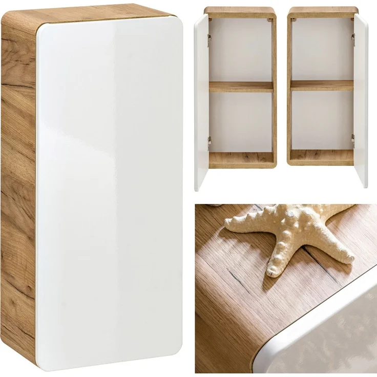 Badezimmer Set 7-tlg in Hochglanz weiß mit Wotan Eiche Nb. LUTON-56 mit LED-Spiegelschrank, B/H/T ca. 180/200/46 cm – Bild 9
