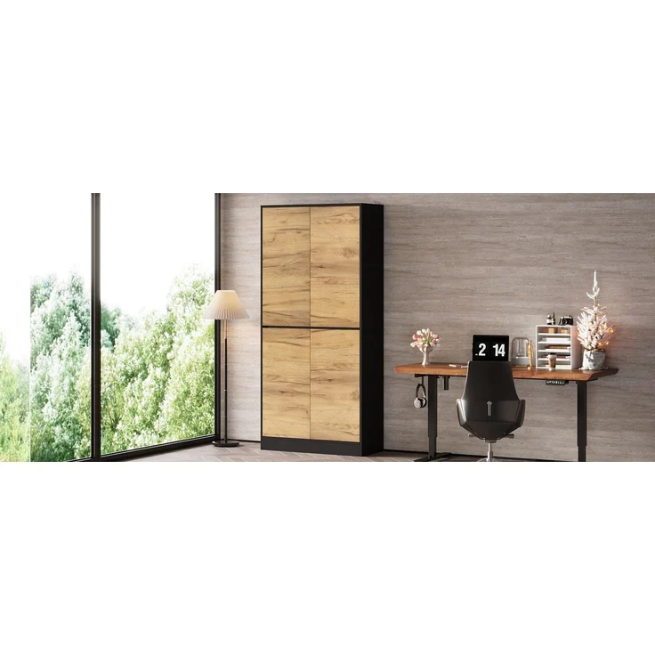 ZUBALIYA Aktenschrank80 x 35 x 180 cm, Mehrzweckschrank aus Holz in Schwarz & Eiche Optik, mit verstellbaren Einlegeböden, Bücherschrank, Aufbewahrungsschrank für Büro, Wohnzimme,Flur, Hochschrank,Flurschrank – Bild 12